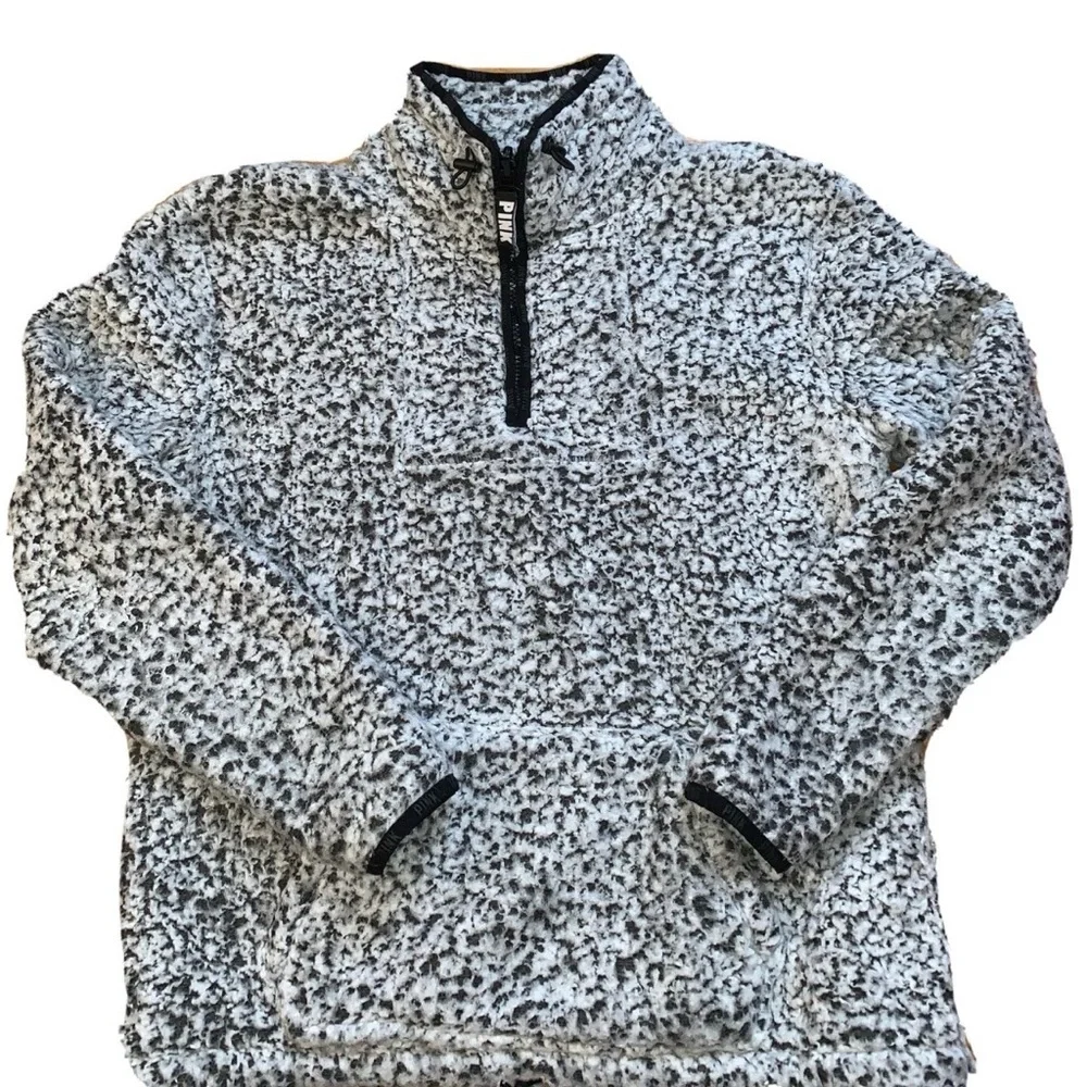 Victoria’s Secret PINK Sherpa Fleece Gray Black 1/4 Zip Pullover Sweatshirt S